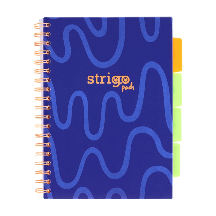 Caiet cu spirala si separatoare, STRIGO PADS, Project Book, B5 matematica, 4 separatoare, neon bleumarin