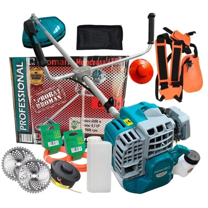 Motocoasa Broman 6500+, 9 Accesorii, 8.7 CP, 9000 RPM, 5200 CC,6500W, cu motor in 2 timpi
