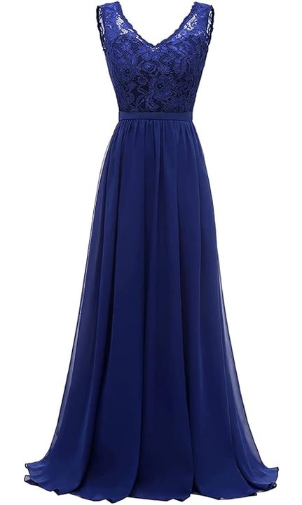 Rochie Lunga DRESSTELLS, Chiffon si Dantela, Marimea L, Albastru Royal