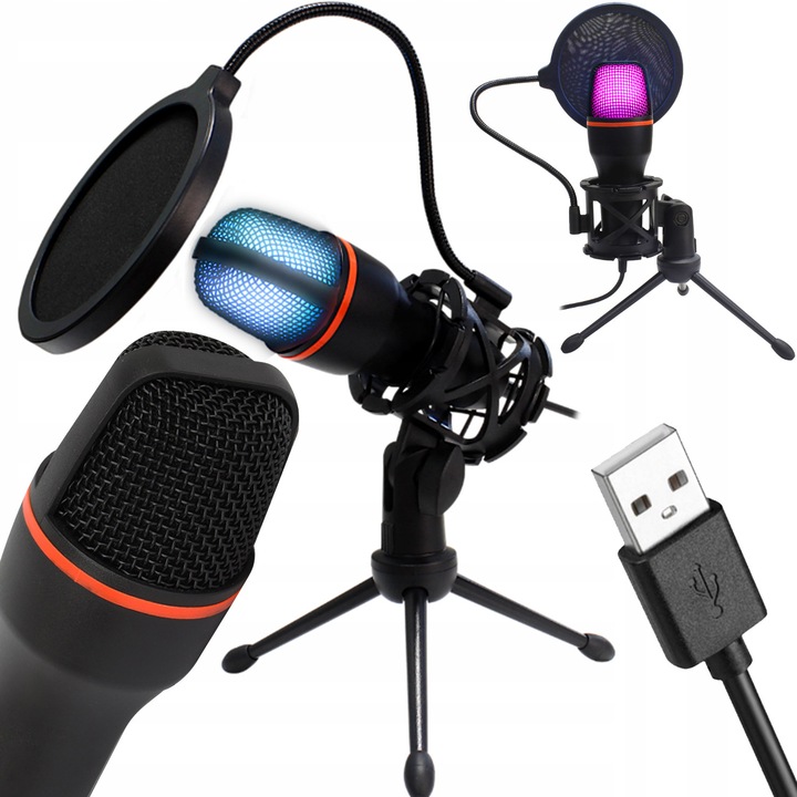 Microfon Streaming Renew Force®, pentru computer condensator GAMING Studio KARAOKE Filtru USB, Youtube, Tiktok, Profesional, Brat Ajustabil, Reducere zgomot fundal, Functie mute rapid, Cardioid, Lumina RGB, Pop-Filter, Suport de soc, Negru BM-3000