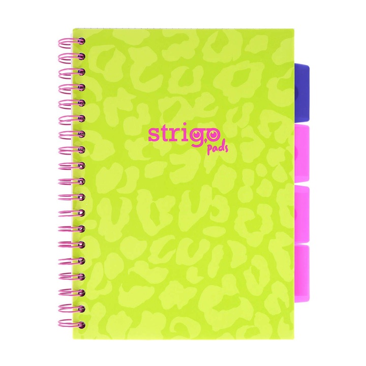Спирална тетрадка с разделители, STRIGO PADS Project Book Neon B5, диктовка, 200 страници, 80 гр. FSC хартия, твърди корици, неоново зелено