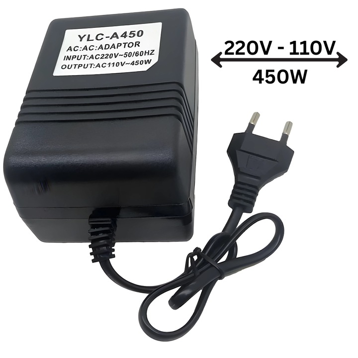 Convertor de putere Vivendo® 220V la 110V, 450W, 50Hz, Compact, Usor de Utilizat, Ideal pentru Dispozitive Electrice Importate, Calatorii sau Acasa