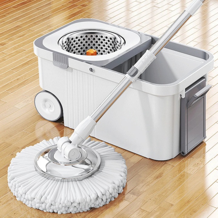 Set Mop Rotativ 360° cu Galeata Centrifuga din Inox, 4 Rezerve Mop, Galeata Portabila, Sistem Evacuare Apa, Alb cu Gri