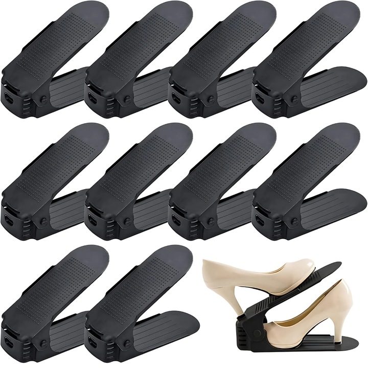 Set 10 suporturi/organizatoare incaltaminte Bukino®, design ergonomic, practic, functional, material ABS Premium, rezistent, durabil, sustin diferite tipuri de incaltaminte, suprafata antiderapanta previne alunecarea, negru