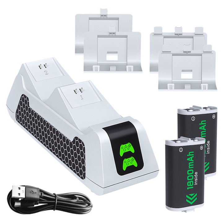 Xbox One kontroller töltő/2 újratölthető akkumulátor, Xbox Series S/X, 1800 mAh, fehér