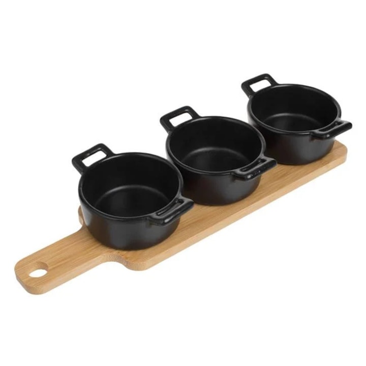 Set de 3 boluri ceramice negre cu suport din bambus, 7x3.5cm