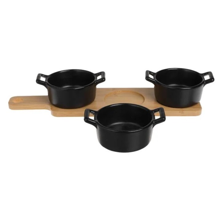 Suport din Bambus cu 3 Boluri Ceramice – Eleganta Naturala pentru Servire, 28x8x5cm