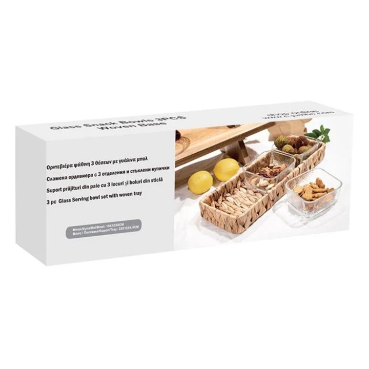 Suport Elegant cu 3 Boluri din Sticla – Ideal pentru Servire Aperitive, 33x12x4.5cm