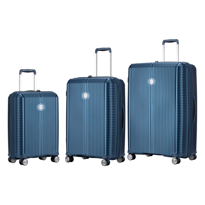 Set trolere extensibile Verage Rome, 1 bagaj de cabina si 2 de cala, fermoar antifurt, polipropilena, cifru TSA, 4 roti 360°, albastru