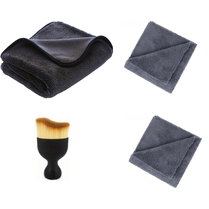 Prosop Uscare Auto, Twisted Loop, Microfibra Premium, 750 GSM, 90 X 60 CM + Dou Lavete Microfibra Fara Margini Pentru A Eliminia Riscul De A Produce Micro Zgarieturi 350 GSM 40 X 40 CM + O Pensula Nanofibre