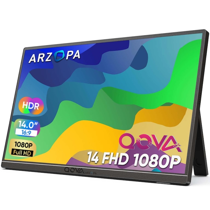 Hordozható Monitor 14'' Arzopa & Qova®, Full HD 1080p, Ultravagány, 60Hz, USB-C & HDMI, HDR, Kompatibilis Laptopokkal, Telefonokkal, Konzolokkal, Dupla Hangszóróval, Szemvédelemmel, Ultra Vékony 9mm, Fémházzal – Ideális Üzleti és Mindennapi Használatra