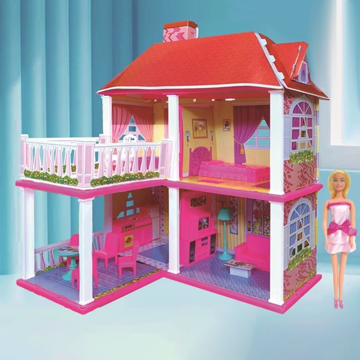 Къща за игра с 2 етажа, с кукла и включени аксесоари, 62.5x9x48см, многоцветна