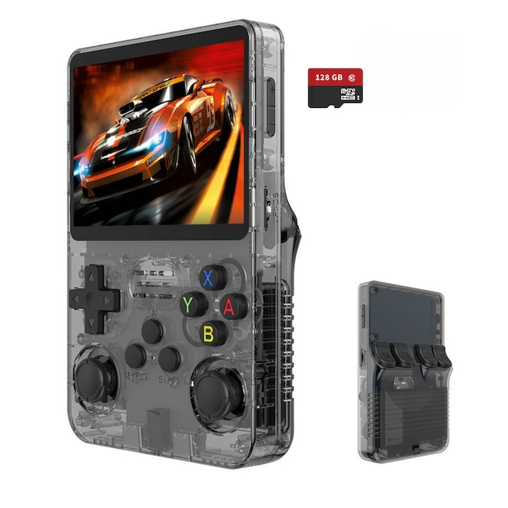 Ретро преносима конзола clickzu R36S, 128GB, 22000 предварително инсталирани класически игри, 3.5" HD IPS екран, Двоен 3D джойстик, Поддръжа няколко емулатора, 3000mAh батерия, Включена microSD карта, Сив
