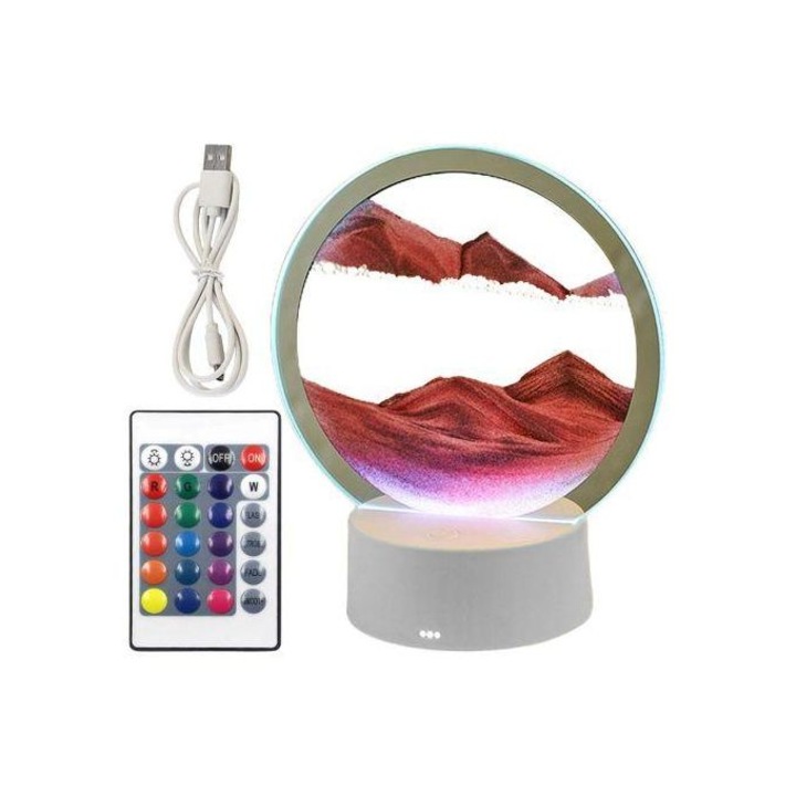 Lampa cu nisip, LED, Nisip rosu, 16 culori, Telecomanda, Cablu USB