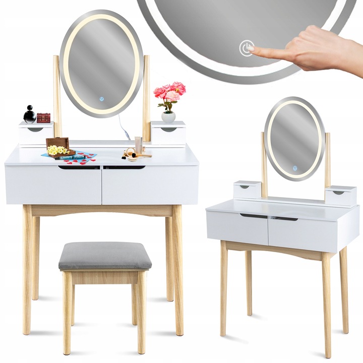 Toaleta cu oglinda LED, JUMI, alb/buc luminoasa, 4 sertare, taburet inclus