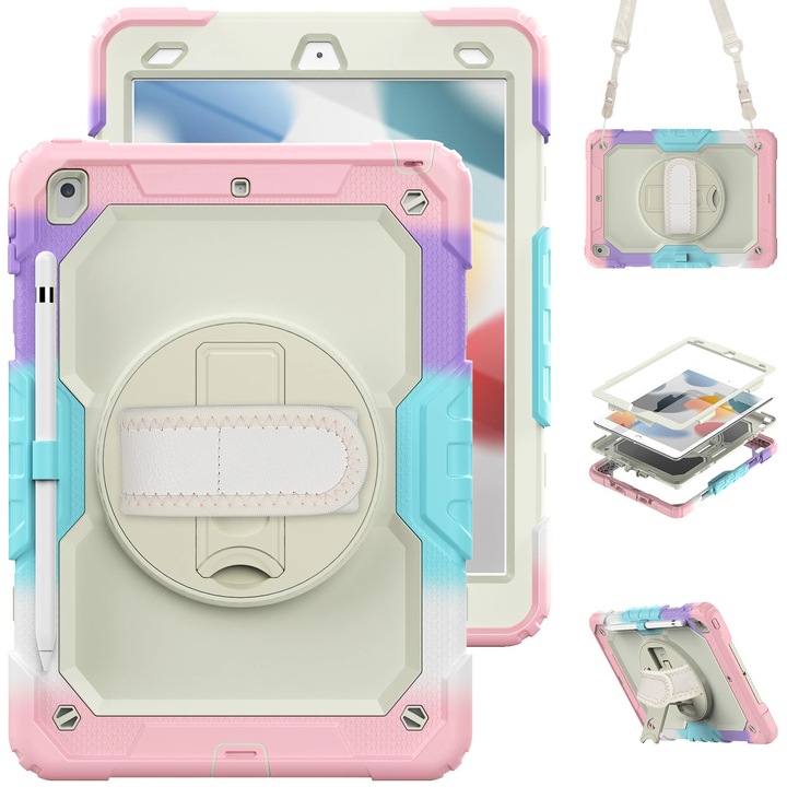 Husa Sigloo pentru Apple iPad 9th/8th/7th Gen (2021/2020/2019), 10.2'', Protectie Completa, Suport Creion, Stand Rotativ, Curea Umar, Anti-Soc, Roz Degrade