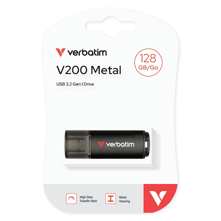 Memorie USB Verbatim V200, Metal, 128 GB, USB 3.2 Gen 1, transfer 200MB/s