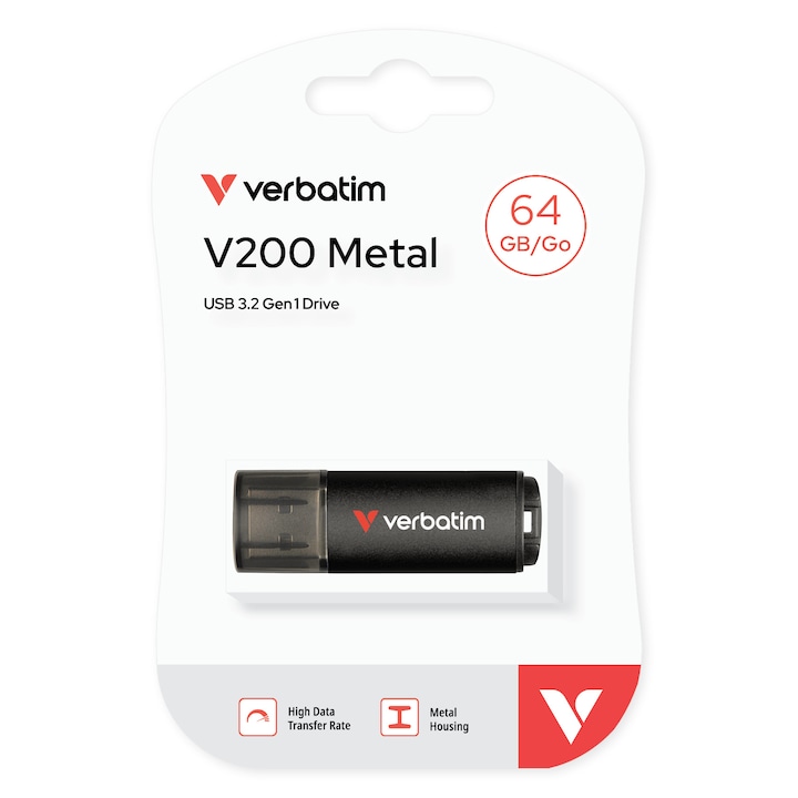 Memorie USB Verbatim V200, Metal, 64 GB, USB 3.2 Gen 1, transfer 200MB/s