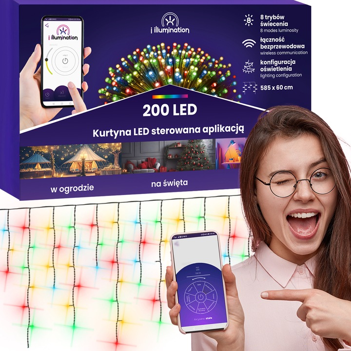 Perdea LED JUMI E-936416, 200 lumini, multicolor, 585x60cm, set cu aplicatie