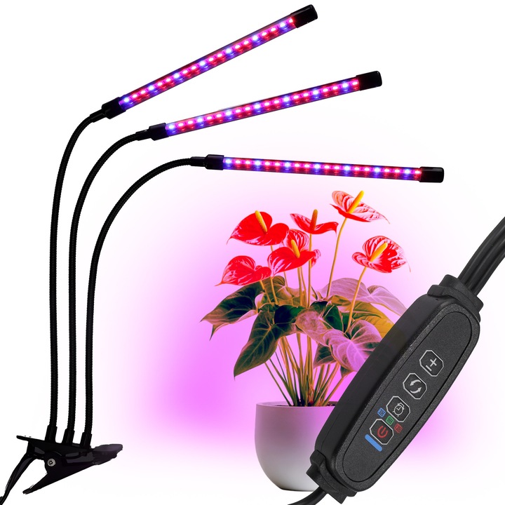 Lampa LED pentru plante, Nan, 60 LED-uri, 24W, timer, 60cm, negru