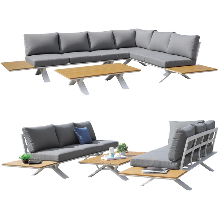 Set mobilier gradina, Nan, coltar, masa, aluminiu, 234x73,5x71,5cm, gri