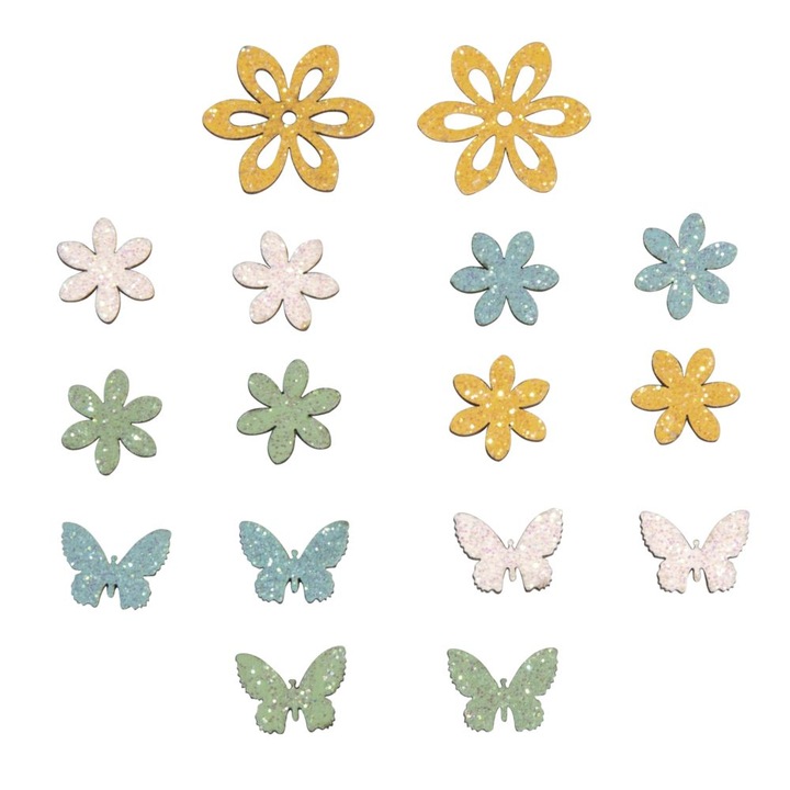Decoratiune lemn floare/fluture, Rayher, adezive, 2, 3-4cm, 16 buc/set
