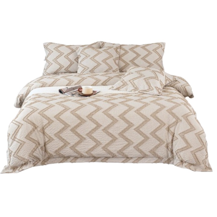 Луксозно спално бельо, памук и лен, вълнообразен мотив, 6 части, 2 души, 180x200 см, кремаво