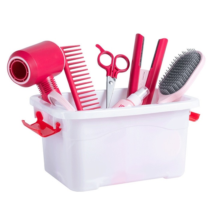 Детски комплект за красота и грим, симулиран звук и светлина, 47 части, сешоар, маша за коса, червен