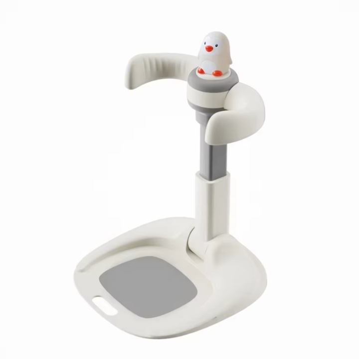 Поставка за душ за деца, 8 - 36 месеца, регулируема височина 43 см - 55 см, регулируеми подлакътници 26 см - 35 см, противоплъзгаща основа, с поставка за душ, сгъваема, бяла със сиво