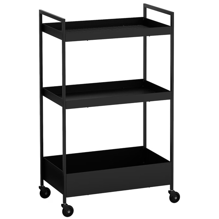 Carucior de servire sau depozitare, cu roti si polite, negru, pentru bucatarie, baie, 50x32x82cm