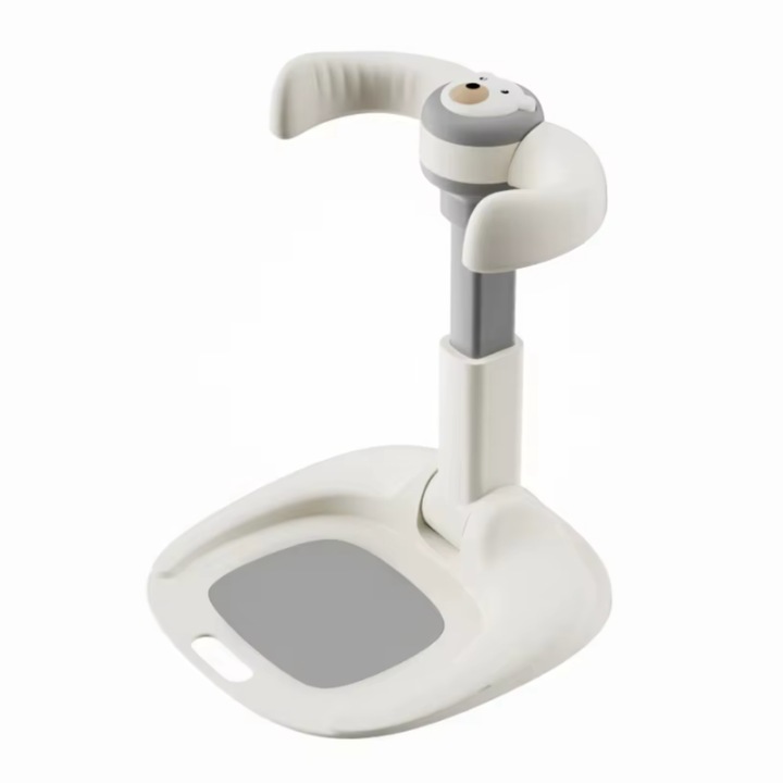 Поставка за душ за деца, 8 - 36 месеца, регулируема височина 43 см - 55 см, регулируеми подлакътници 26 см - 35 см, противоплъзгаща основа, с поставка за душ, сгъваема, бял/сив