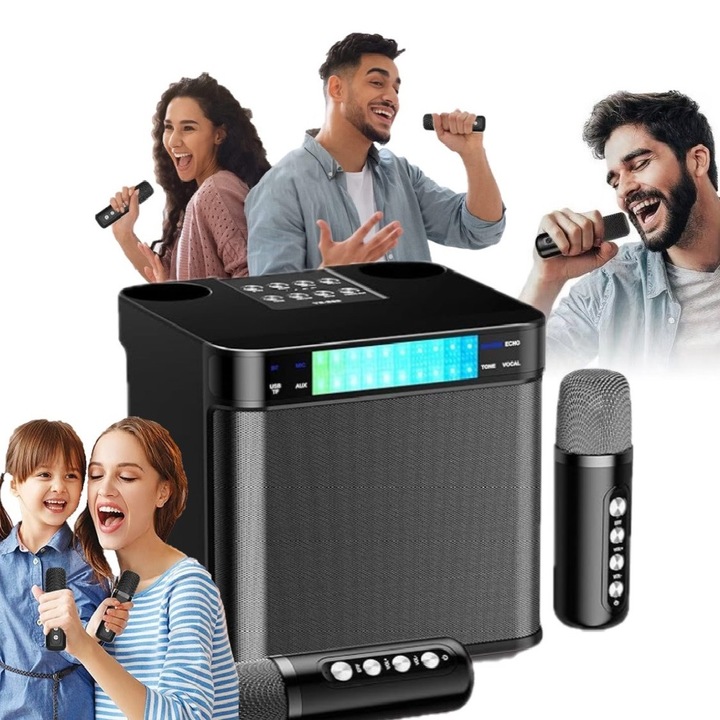 Bluetooth караоке аудио система, Lucmark, 2 безжични микрофона, преносим високоговорител, висококачествени високоговорители, множество звукови ефекти, черен
