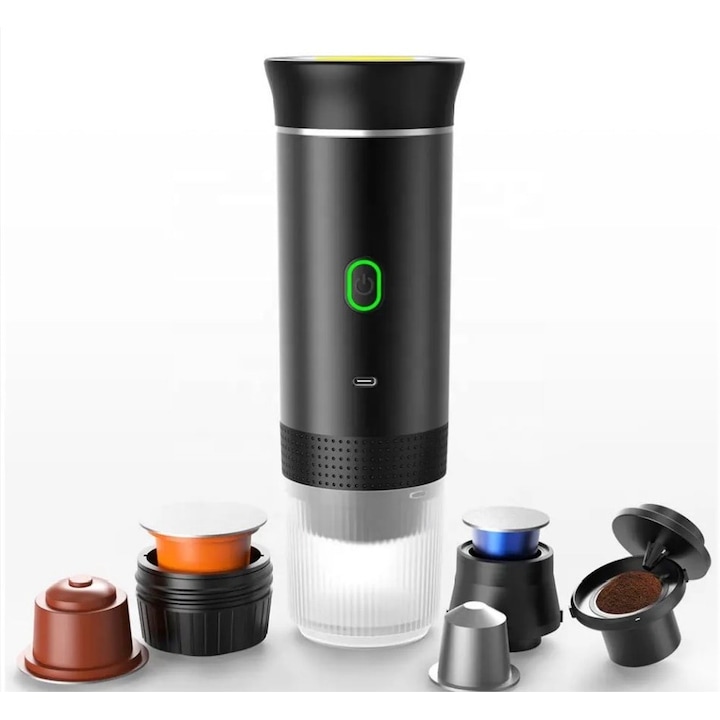 Espressor Portabil Electric 3 in 1 Fara Fir Jata, Compatibil cu Capsule Nespresso, Dolce Gusto si Cafea Macinata, Cu Incalzirea Apei sau Prepararea Cafelei Reci, Incarcare USB Type C, Ideal pentru Acasa, Camping si Masina, NEGRU