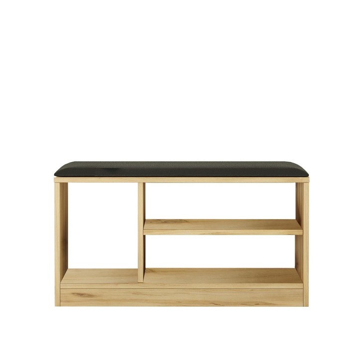 Előszobai pad, HowHomely, Loft, Natúr tölgy, Fekete kárpitozás, Méretek: 45,8 cm magas, 89,6 cm széles, 35,5 cm mély, Tágas polcok cipők és táskák tárolására, Kompakt kialakítás, Ideális kis és nagy helyiségekbe