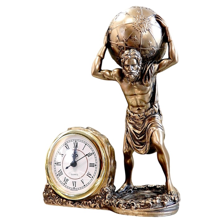 Ceas de birou cu Atlas si Glob – Simbol al Fortei si Mitologiei 27 cm