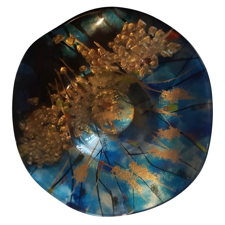 Fructiera sticla albastru cu auriu stil Murano