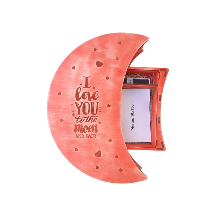 Cutie pentru fotografii si stick USB, lemn, gravura laser, rosu vintage, 37x25x7CM