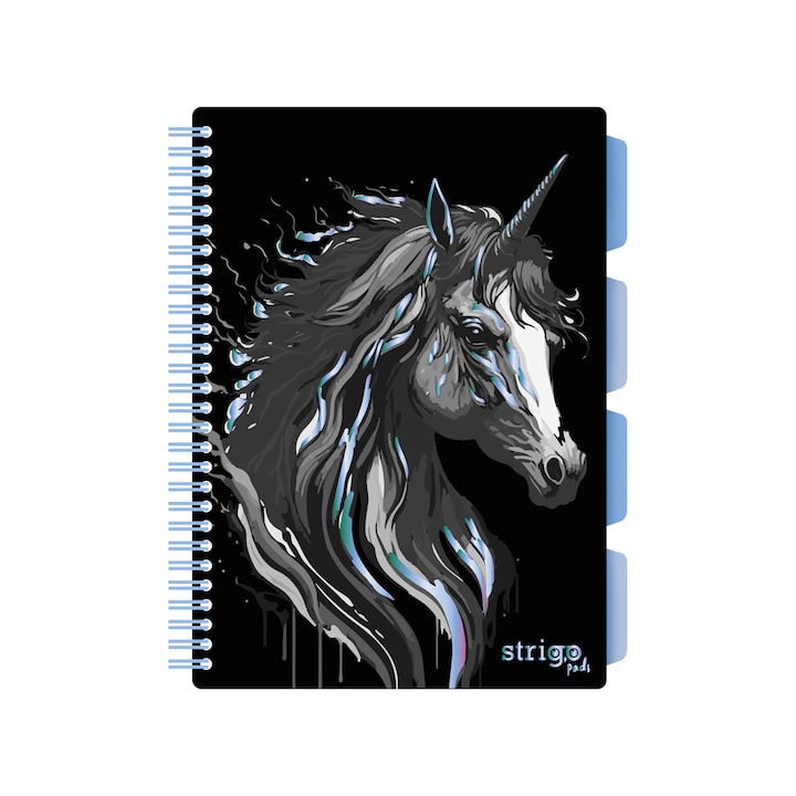 Caiet cu spirala si separatoare, STRIGO PADS Project Book UNICORN, B5, dictando, 200 pag., hartie 80gr FSC, coperti cartonate, negru si albastru