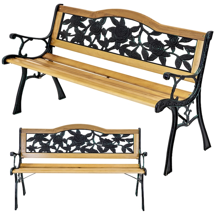 Banca de gradina din lemn cu spatar, 126x53,5x73,5cm, elemente negre cu detalii verzi