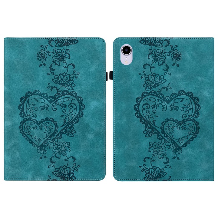 Husa tableta pentru iPad mini 6 / mini 2024, piele gravata cu inimi, tip carte cu suport, inchidere magnetica, verde