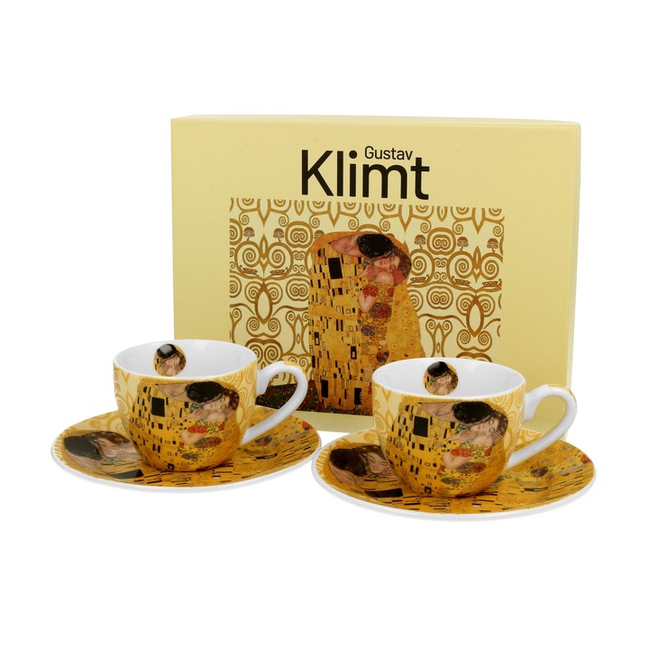 Комплект от две чаши за еспресо с чинийки „Целувката екрю“, вдъхновена от Густав Климт, 90 мл