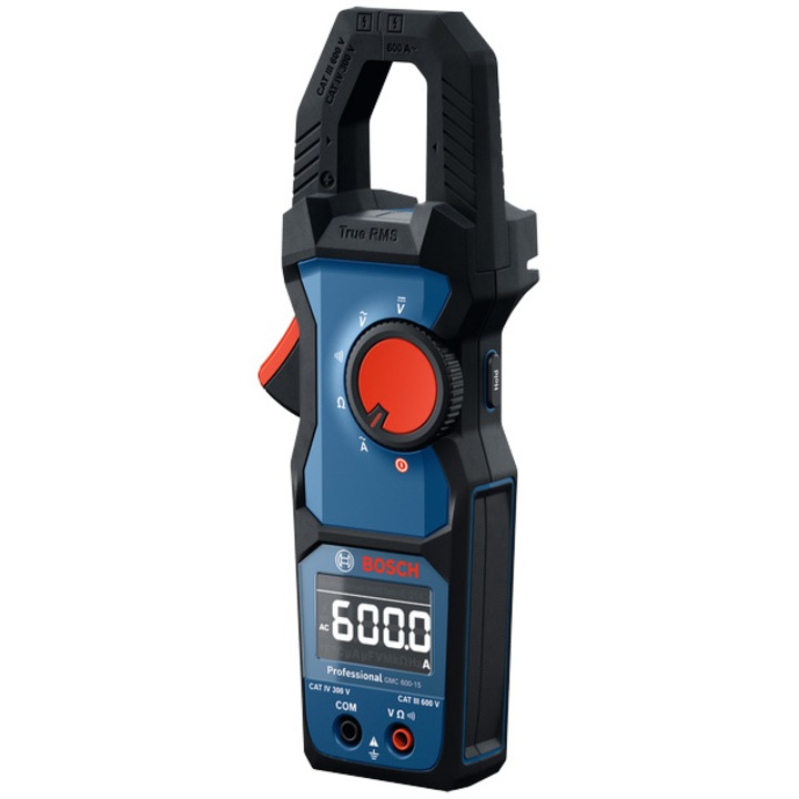 Clampmetru (cleste ampermetric) Bosch Professional Clamp Meter GMC 600-15, 600 V tensiune AC, ± 1.2% + 5 precizie tensiune, 600 A curent alternativ, ± 1.8% + 5 precizie curent alternativ, CAT III 600 V / CAT IV 300 V clasa siguranta