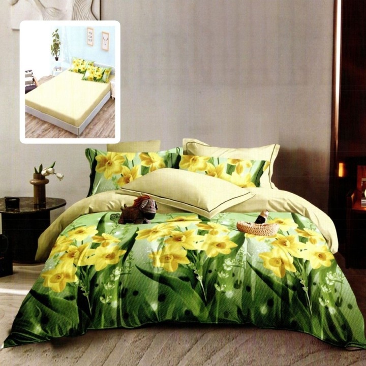 Dupla ágyneműhuzat fine szövetből nárciszokkal, gumis lepedő 180x200 cm, 6 darab, Lenzerii Deosebite, ADDISON-VH
