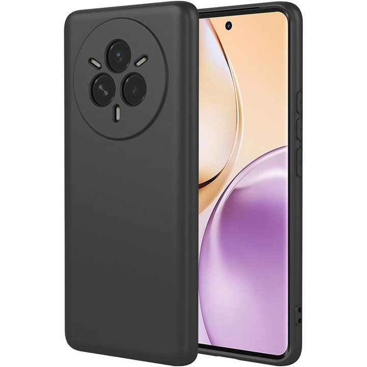 Кейс за Realme 14 Pro 5G с течен силикон, тънка подплата и микрофибърна защита срещу пръстови отпечатъци на камерата, черен