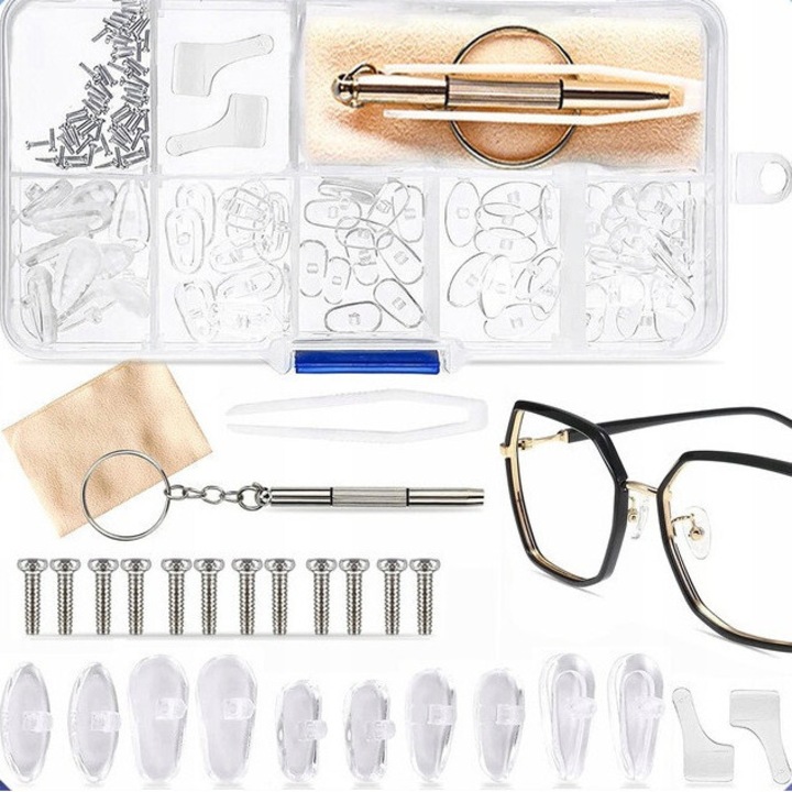 Set de reparare ochelari Pixel, 35 perechi de nasuri, suruburi, surubelnita, penseta, carpa de curatare