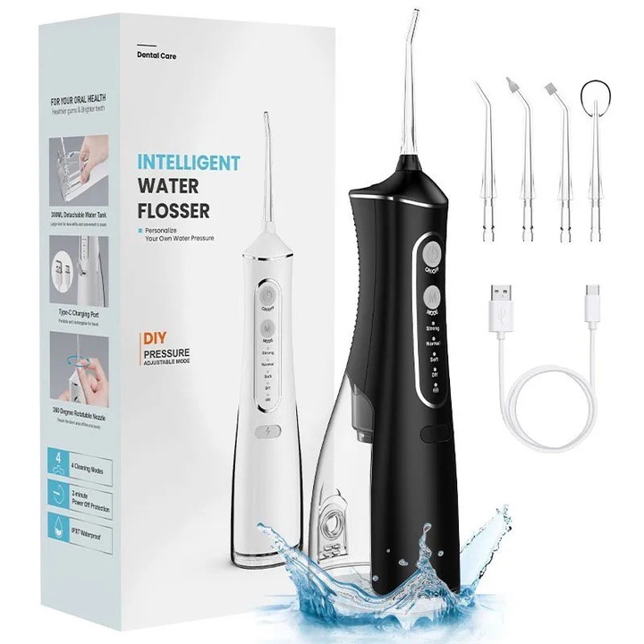 Extralink Beauty Intelligent Water Flosser L8 elektromos szájzuhany, fekete, 4 fejes készlet, 3 intenzitási szint, 2000 mAh