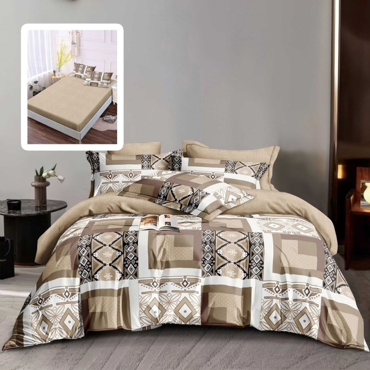 Dupla ágyneműhuzat finom lenből geometrikus mintával, gumis lepedő 180x200 cm, 6 darab, Special Linens, BENGA-VH