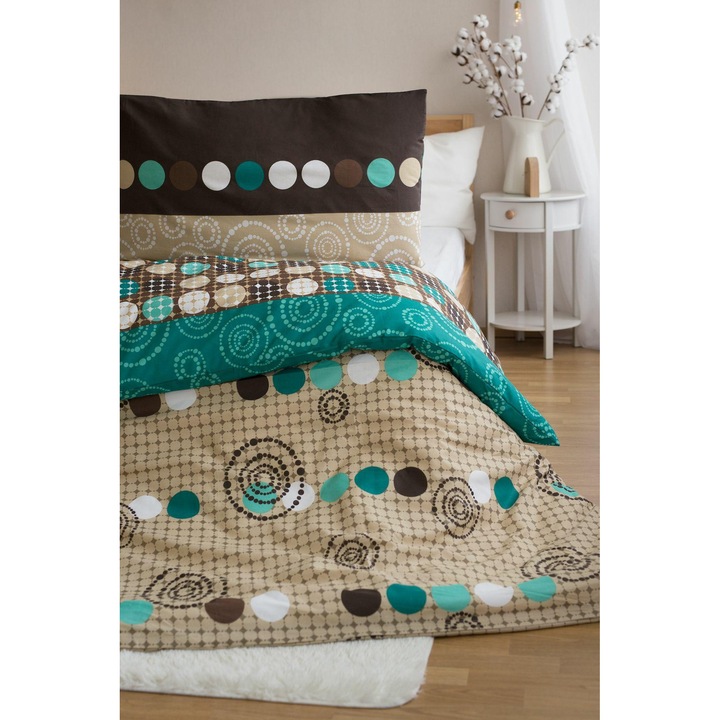Set lenjerie de pat Jerry Fabrics, 140x200 cm, 70x90 cm, bej si turcoaz, 50% bumbac, 50% poliester