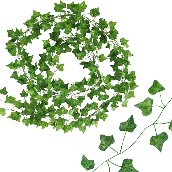 Комплект от 3 декоративни изкуствени гирлянди от бръшлян, John Green, 2 м, 80 листа/гирлянд, пластмаса, за вътрешна/външна употреба, зелени