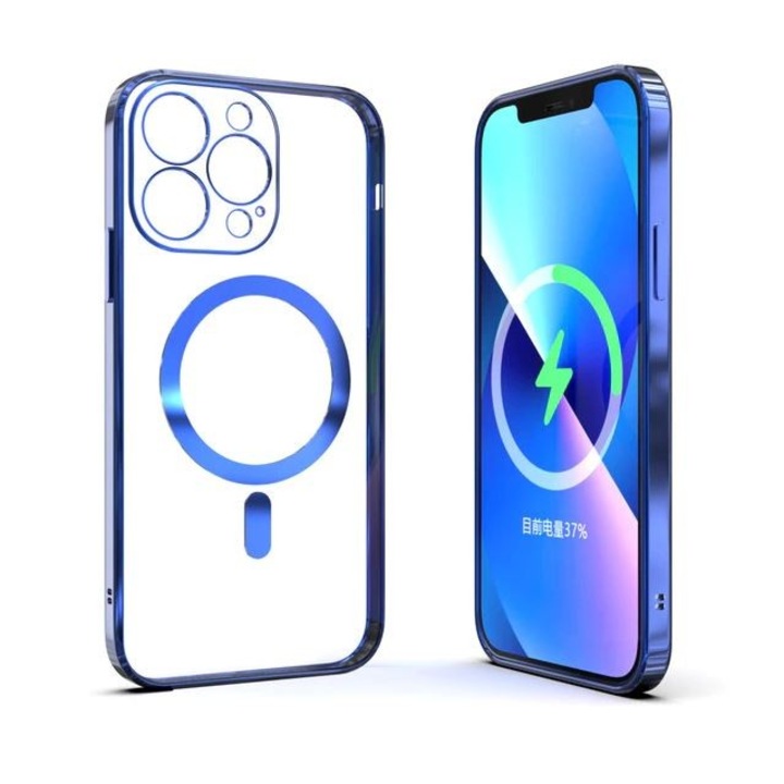 Husa tip MagSafe Pentru iPhone 11, Margini colorate Electroplating, Protectie camera, Albastru, Wireless, BzStore